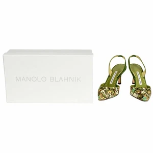 CAROLYNE 70 Manolo Blahnik Slingback Pumps Cotton Green Floral Pattern - Picture 1 of 6