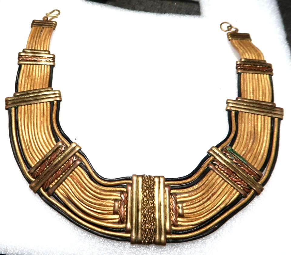 VINTAGE ALEXIS KIRK EGYPTIAN BLACK LEATHER COPPER BRASS NECKLACE COLLAR CHOKER - Image 1 of 4