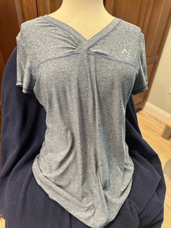 Top de tenis Head atlético para mujer talla LG azul manga corta cuello en V calce ajustado Foto 1 de 4