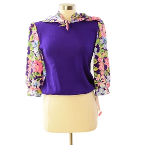 80s Spring Floral Top Work Habits Layered Sweater Scarf Multicolor Sleeves M - Picture 1 of 7