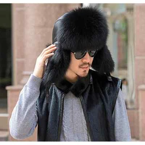 Winter Men Fox Fur Bomber Hat Cap Trapper Russian Man Ski Hats Caps Real Leather - Picture 1 of 25