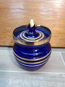 Cobalt Blue Glass Sugar Jar With Gold Detailing - Picture 1 of 12