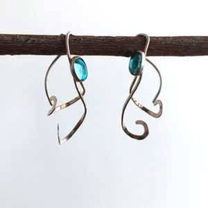 Sterling Silver Twist Spiral Earrings Aqua Glass Cabachon 1.25" - Picture 1 of 8