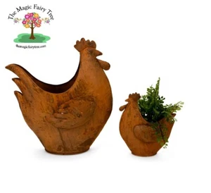 Rusty chicken planter pair garden sculpture decor pot chook hen chick - Picture 1 of 5