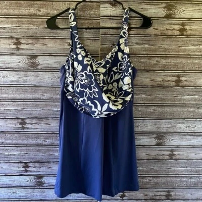 LL Bean Women's Skirted Swimsuit Size 14 Long Navy Blue White Floral Print - Image 1 of 4