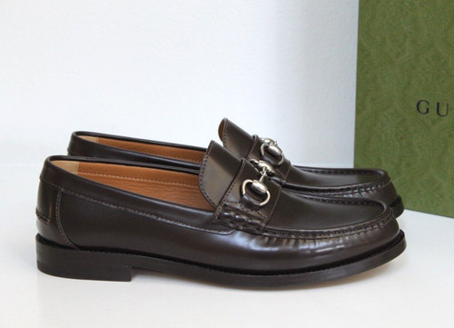 Scarpe mocassino uomo nuove taglia 10 5 US 9 5 UK GUCCI Kaveh logo Horsebit pelle marrone