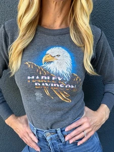 VINTAGE 80s HARLEY DAVIDSON WAFFLE KNIT THERMAL SHIRT SZ XS CALIFORNIA T-SHIRT - Picture 1 of 15