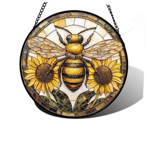 Stained Glass Window Hanging - Bee Sunflower Yellow Suncatcher 7.8x7.8 IN Gold - Picture 1 of 6