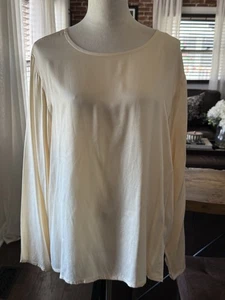 Eileen Fisher Cream 100% Silk Long Sleeve Blouse L Quiet Luxury Elegant - Picture 1 of 4