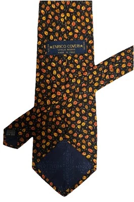 Enrico Coveri Viale Morin 100% 真丝领带意大利制造橙色黑色玫瑰 4 英寸 — 第 1/4 张图片