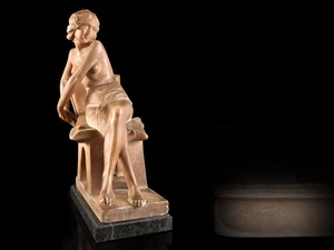 Y3421: XF Japanese Stone marble Woman-shaped STATUE sculpture Ornament w/tray - Picture 1 of 12