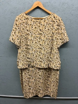 Maggy London Dress Women’s 20 Beige Black Floral Silk Short Sleeve Layered - Image 1 of 4