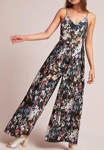 NWT Anthropologie by Ranna Gill Women’s 4 Pleated Jumpsuit Black Multi Floral - Picture 1 of 12