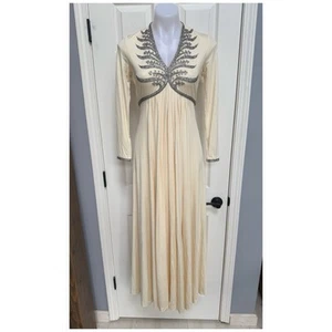 Vintage 60s Victoria Royal cream Beaded VNeck Empire Waist Maxi Dress Gown S 10 - Picture 1 of 22