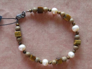 Armband aus Tigerauge und Süßwasserperlen 925 Silber 21cm, Armkette - Bild 1 von 3