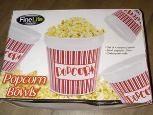Ceramic Popcorn Bowls Set Of 4 Red and White 20oz. Capacity Dishwasher Safe - Picture 1 of 2