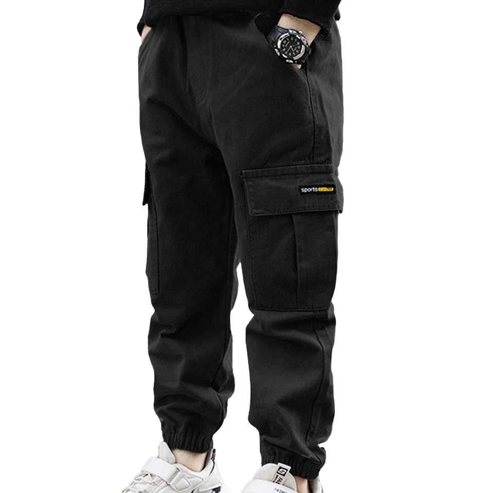 Kids Boys Casual Dungarees Pants Fashion Pure Color Cargo Trousers for Autumn - Image 1 of 1