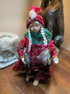 Porcelain Doll Girl Pigtails Christmas Tree Decoration Posable Arms - 17cm - Picture 1 of 9