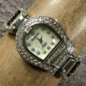 Strada Women Dress Pave MOP Dial Black Leather Quartz Horseshoe Watch 7 1/2" - Picture 1 of 12