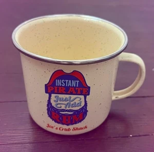 Joe's Crab Shack Coffee Mug Metal Enamel Speckled Cream Yellow Pirate Add Rum - Picture 1 of 5