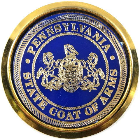 LARGE Metal EMBOSSED Plastic BUTTON ~ STATE SEAL of PENNSLYVANIA Horses HIT USA Cover