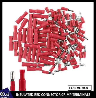 E.U. AUTOPARTS LTD 100 RED BULLET CONNECTOR INSULATED CRIMP TERMINALS FIR ELECTRICAL & AUDIO WIRING
