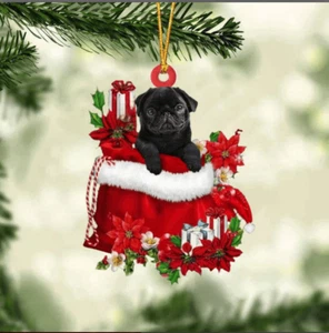 Black Pug in gift bag Flat 2D Acrylic Ornament Christmas Gift Decoration Xmas - Picture 1 of 3