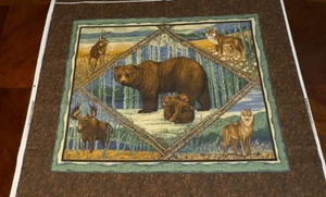 Bear cotton fabric panel wolf moose fox deer lodge aspen trees cub outdoor 36X45 - Picture 1 of 11