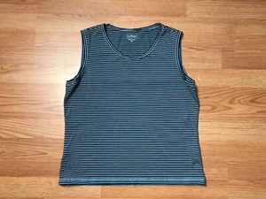 LL Bean Sleeveless Shirt Womens M Blue Black Striped Round Neck Stretch - Picture 1 of 10