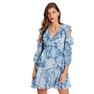 Elliatt Dress 6 Blue Mini Cold-Shoulder Ruffle Short Painted V-Neck "Elkus" - Picture 1 of 5
