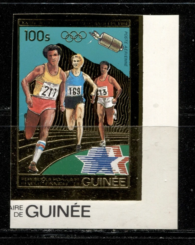 GUINEA 1983, L.A. OLIMPICS, CORREDORES, SATÉLITE, Sc 844A ORO EMB. IMPERFOR.  MNH Foto 1 de 1