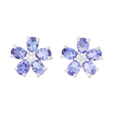 1.60ctw Oval Tanzanite & Diamond Floral Motif Stud Pair Earrings 18k White Gold - Image 1 of 4