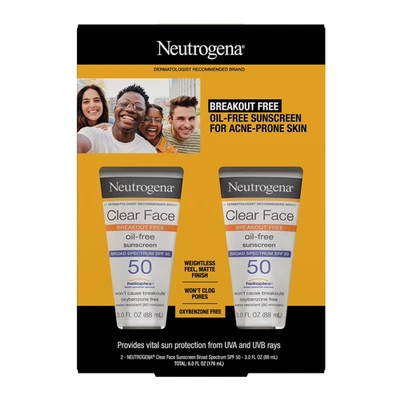 2 Pack Neutrogena Clear Face Break-Out Free Oil-Free Acne Sunscreen SPF 50 3 Oz - Image 1 of 4