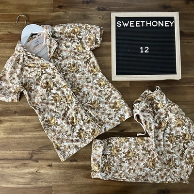 SweetHoney Acogedor Pantalón Manga Corta Pijama Amarillo Naranja Dorado Flores Floral 12  Foto 1 de 4