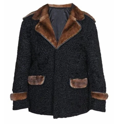Men's Black Real Persian Lamb Fur Jacket Brown Mink Fur Trim Size Large - Image 1 of 4