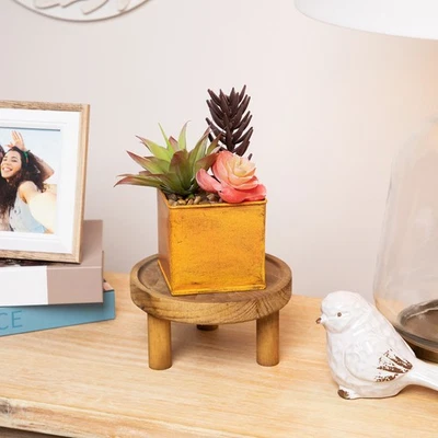 NORTHLIGHT 7" Artificial Mixed Succulent Arrangement in Copper Square Tin Pot - Image 1 of 4