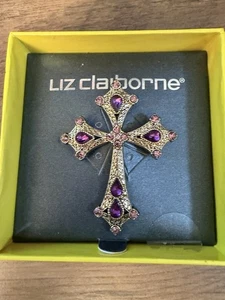 Liz Claiborne Gold Tone Cross Brooch Pin Purple Rhinestones Textured DWk - Picture 1 of 1