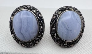 Blaue Spitze Achat Markasit Sterling Silber Ohrringe durchbohrt 925 A Thailand - Bild 1 von 7