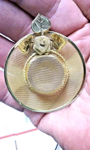 vintage Gold Tone Hat Shaped 2" Pin Brooch with Leaves & Flower Accent - Picture 1 of 2