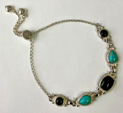 HSN Jay King 纯银绿色 Nephrite 玉石和绿松石可调节手链 — 第 1/4 张图片