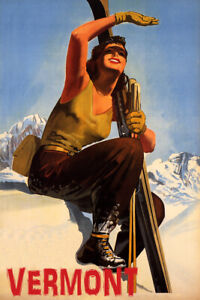 Vermont Snow Mountains Woman Skiing With Sun Ski Vintage Poster Repro FREE S/H