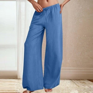 Women's Drawstring Elastic Waist Pants Summer Casual Wide Leg Beach Trousers - Picture 1 of 10