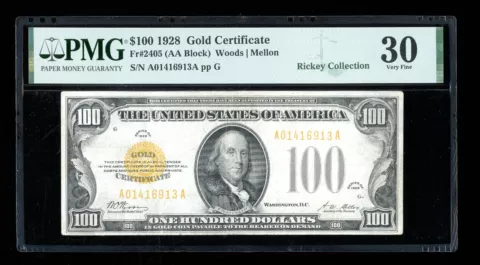 DBR 1928 $100 Gold Certificate Fr. 2405 PMG 30 Serial A01416913A Cover