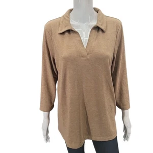 Matty M Womens Trendy 3/4 Sleeves Top Large Size Heather Camel Collared Shirt - Picture 1 of 11