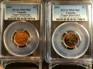 2012 CANADA CENT PCGS MS67 RD ZINC & STEEL TWO COIN SET LAST YEAR OF ISSUE RARE - Picture 1 of 2