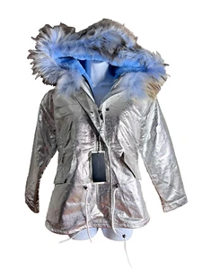 Silver & Blue Faux Fur Lined Hooded Small Coat For Women By Moamaokong mid-len - Picture 1 of 19