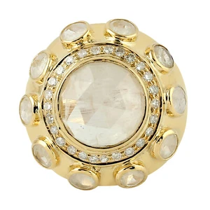 18K Oro Amarillo Natural Piedra Luna & Diamante Cóctel Anillo para Mujer Joyería - Imagen 1 de 6