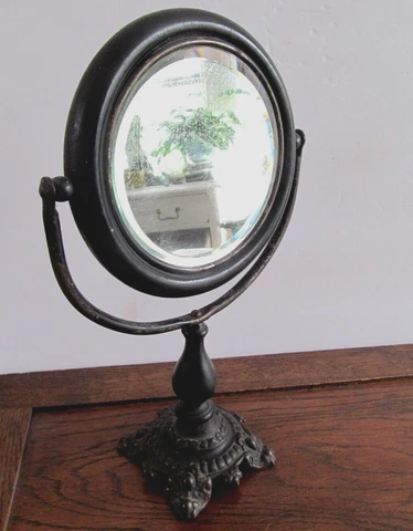 VTG ANTIQUE CAST IRON  /  WOOD ORNATE BLACK VANITY SHAVING MIRROR 12" Cover