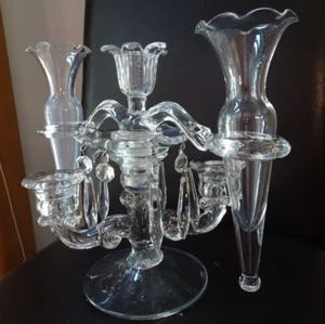 1930'S CAMBRIDGE GLASS CANDLEABRA-HOLDS 3 CANDLES+ 2 VASES & BOBECHE W/ PRISMS - Picture 1 of 8