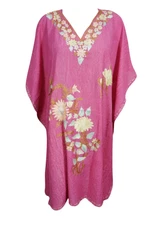 Bohemian Floral Embellished Caftan Pink Sherbet Short Dress Lounger Cover Up